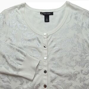 White House Black Market Womens Medium Cream Silver Cardigan Sweater Classic